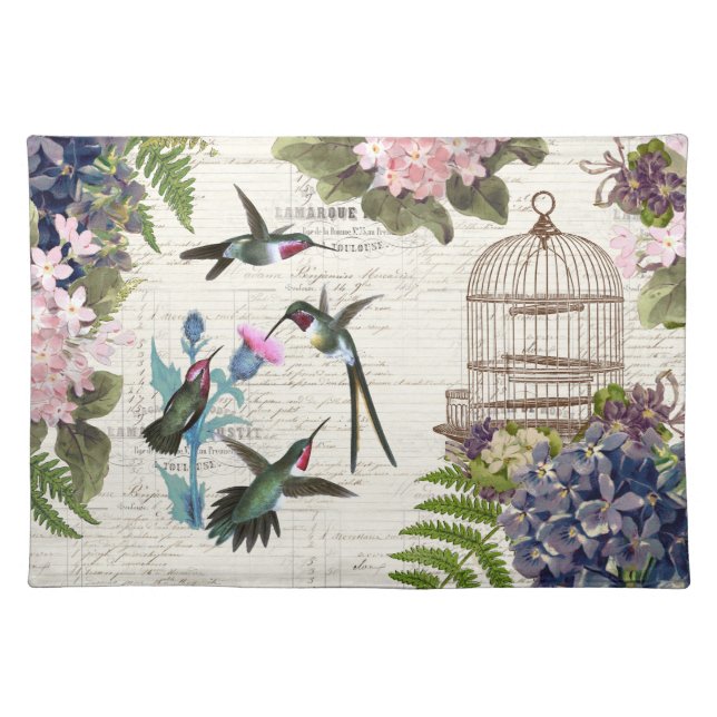Hummingbird Vintage Birdcage Floral Cloth Placemat (Front)