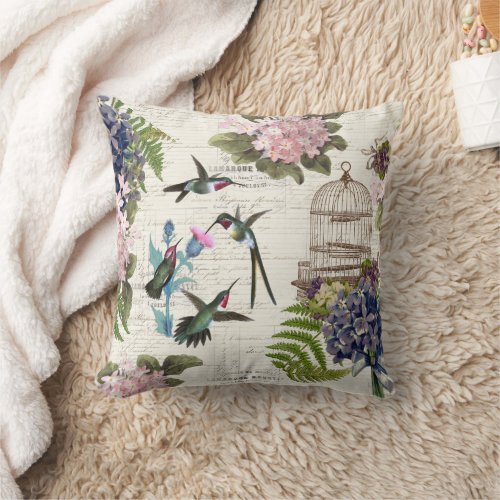 Hummingbird Vintage Birdcage Floral Throw Pillow