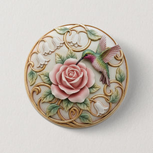 Hummingbird Vintage Victorian Pink Rose Floral Button