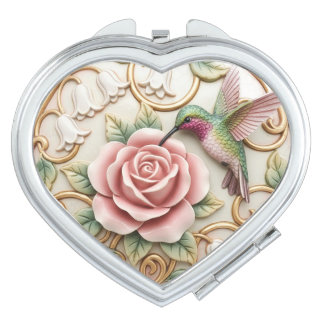 Hummingbird Vintage Victorian Pink Rose Floral Compact Mirror