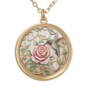 Hummingbird Vintage Victorian Pink Rose Floral Gold Plated Necklace