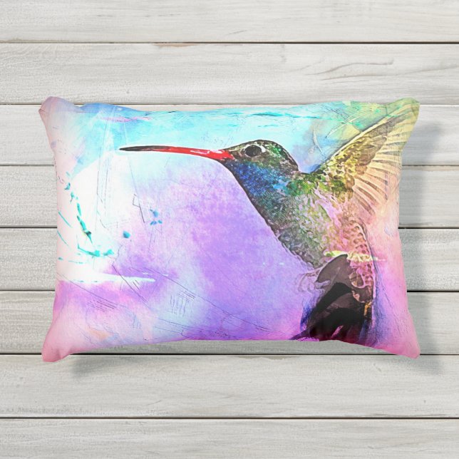 Hummingbird & Watercolor Outdoor Pillow (Front)
