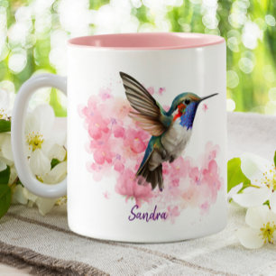 Hummingbird Watercolor Pink Floral Personalized Two-Tone Coffee Mug