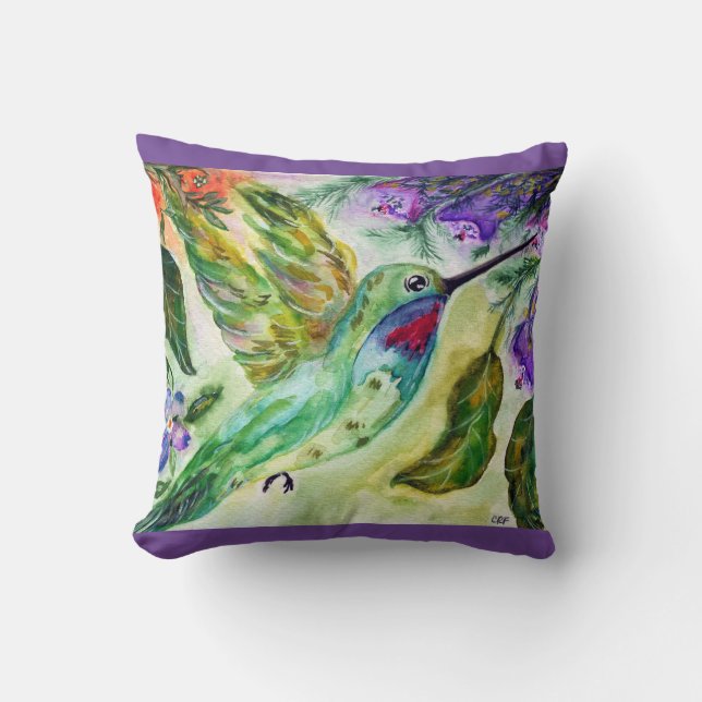 "Hummingbird watercolor" Throw Pillow (Front)