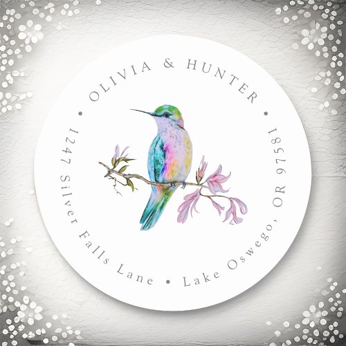 Hummingbird Wedding Couple Names Return Address Classic Round Sticker