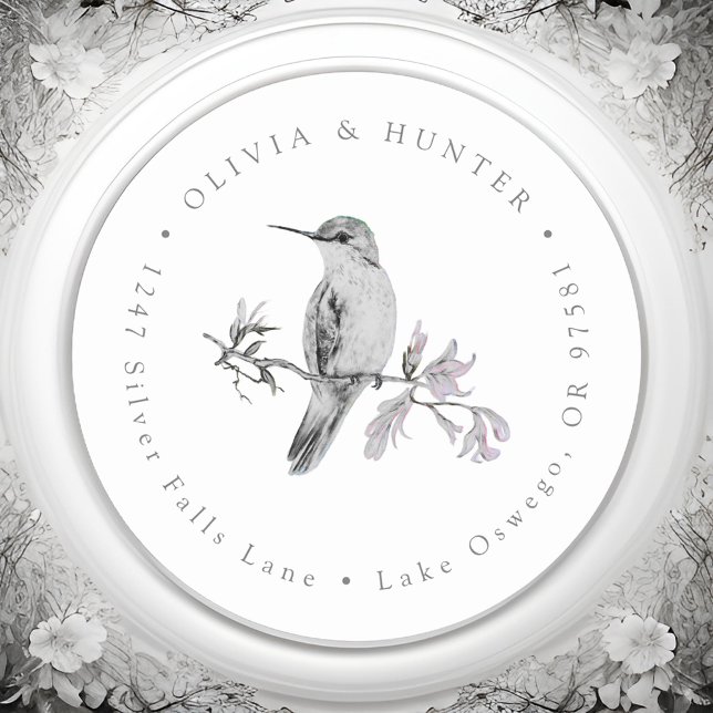 Hummingbird Wedding Couple Names Return Address Classic Round Sticker (Creator Uploaded)