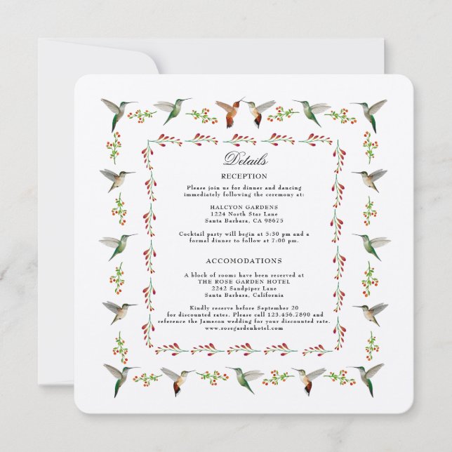 Hummingbird Wedding Details Card (Front)