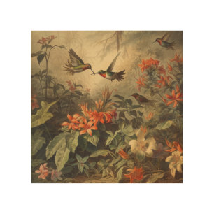 Hummingbird & Wild Lily Vintage Botanical Wood Wall Art