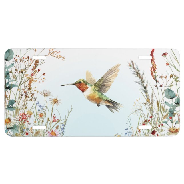 Hummingbird Wildflowers Blue License Plate (Front)