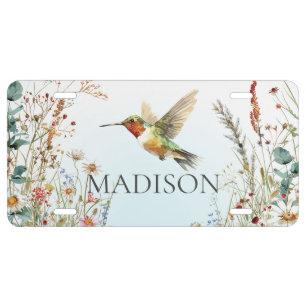 Hummingbird Wildflowers Blue Name License Plate