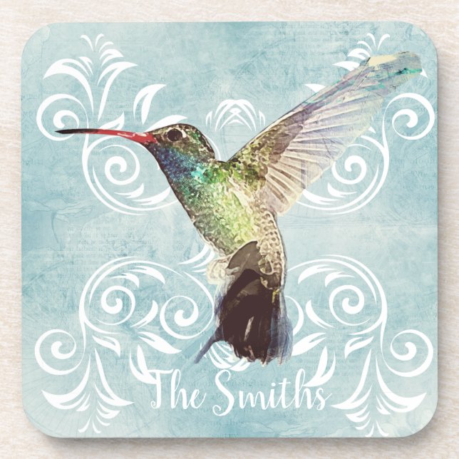 Hummingbird with Flourish Background Beverage Coaster (Front)