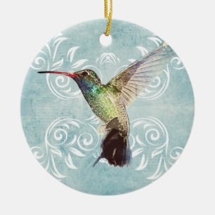 Hummingbird with Flourish Background Ceramic Ornament