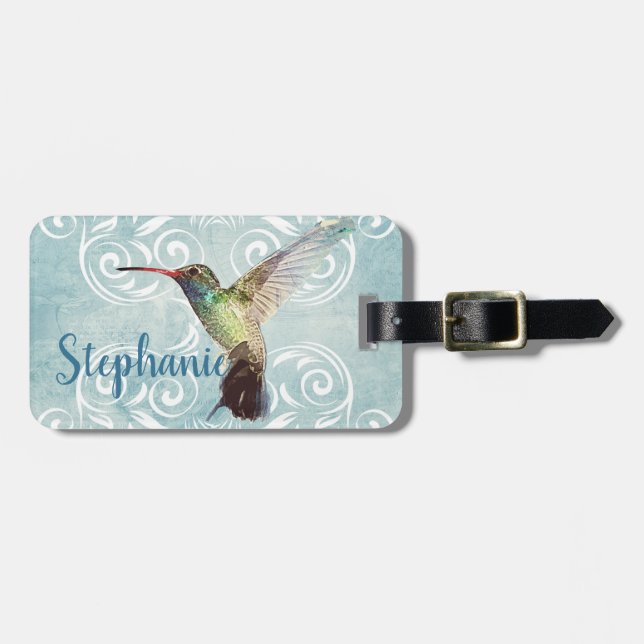 Hummingbird with Flourish Background Luggage Tag (Front Horizontal)
