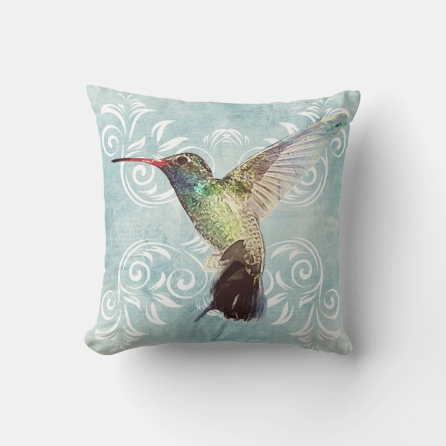 Hummingbird with Flourish Background Throw Pillow (Front)