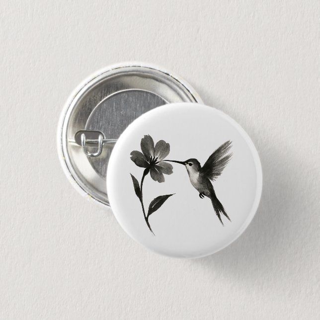 Hummingbird with Flower – Ink Brush Design on  Button (Front & Back)