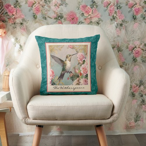 Hummingbird with Flowers on Teal Damask Monogram Throw Pillow