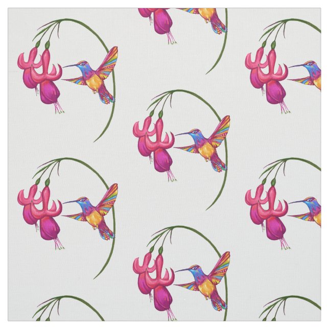 Hummingbird with Fuchsia Blossom Fabric (Swatch)