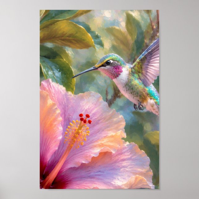 Hummingbird with Hibiscus Watercolor Poster (Front)