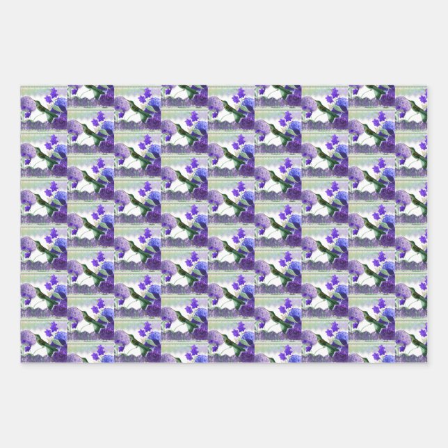 Hummingbird with hydrangeas, roses, purple back wr wrapping paper sheets (Front)