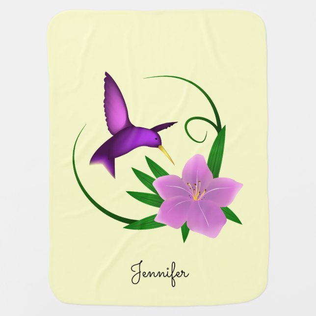 Hummingbird with pink flower name baby swaddle blanket (Front)
