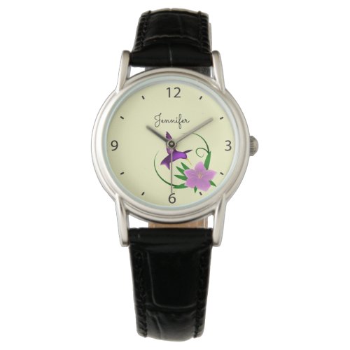 Hummingbird with pink flower name watch