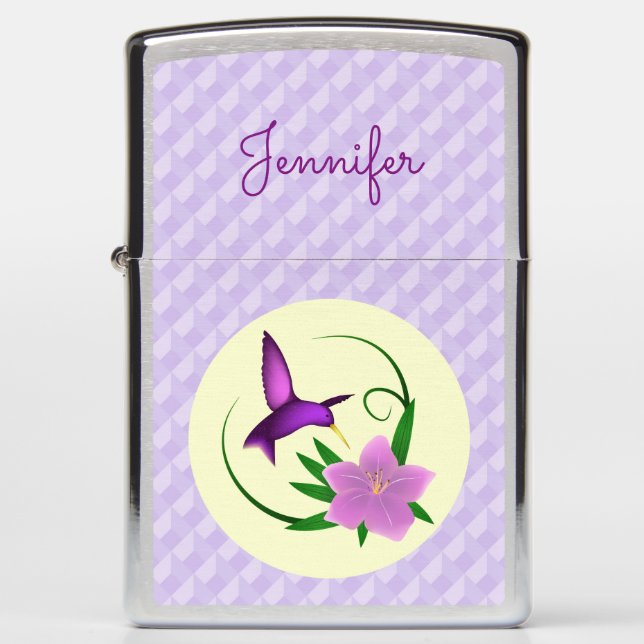 Hummingbird with pink flower name zippo lighter (Front)
