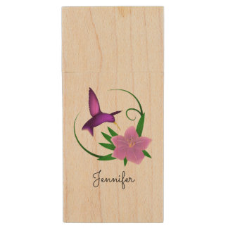 Hummingbird with pink flower wood flash drive