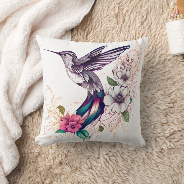 Hummingbird with Pink Flowers Throw Pillow (Blanket)