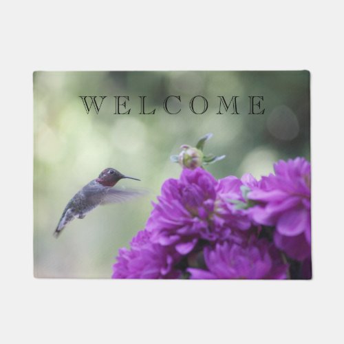 Hummingbird with purple dahlias doormat