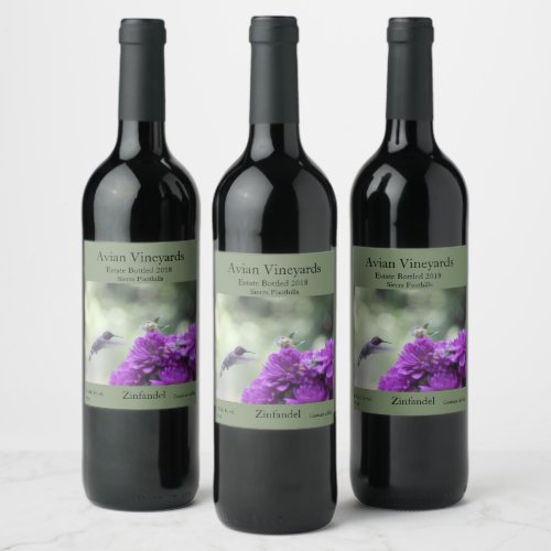 Hummingbird with purple dahlias wine label