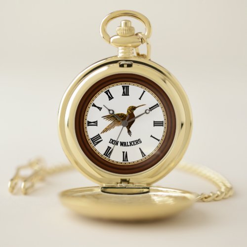 Hummingbird with wings stretched and gold gears pocket watch