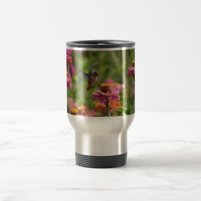 Hummingbird with Zinnias Travel Mug (Center)