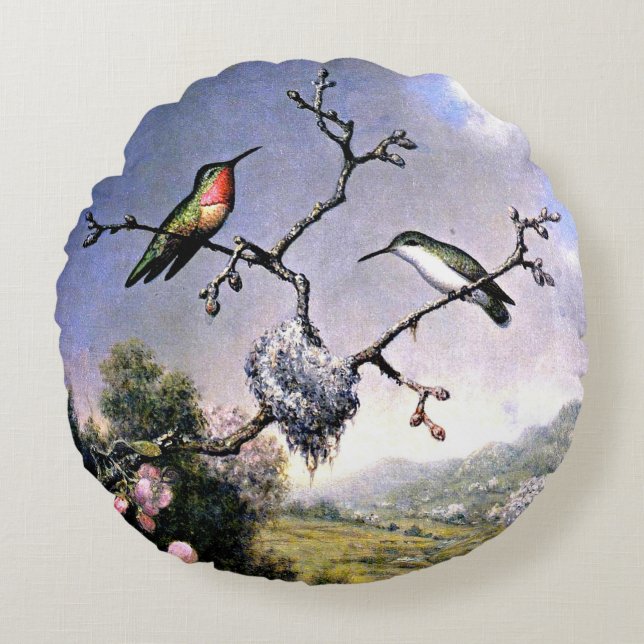 Hummingbirds and Apple Blossoms Round Pillow (Front)