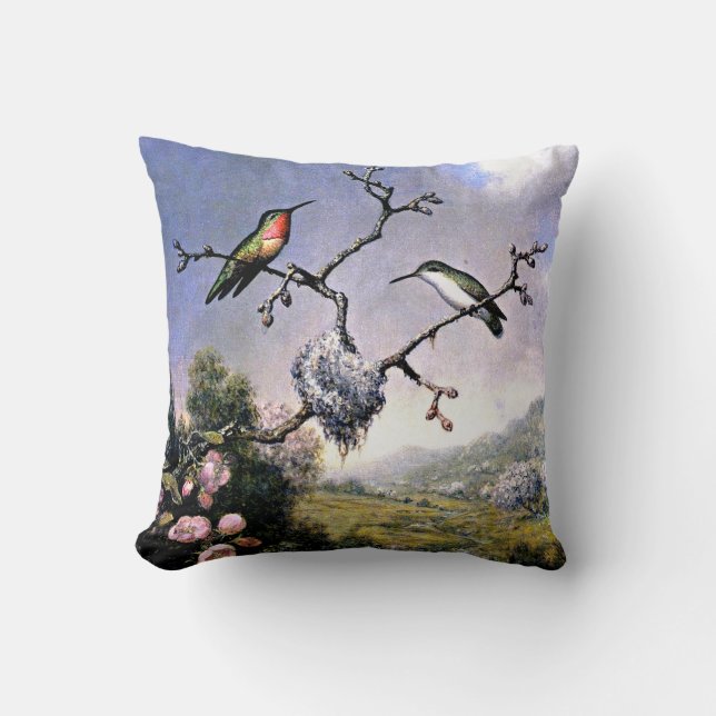 Hummingbirds and Apple Blossoms Throw Pillow (Front)
