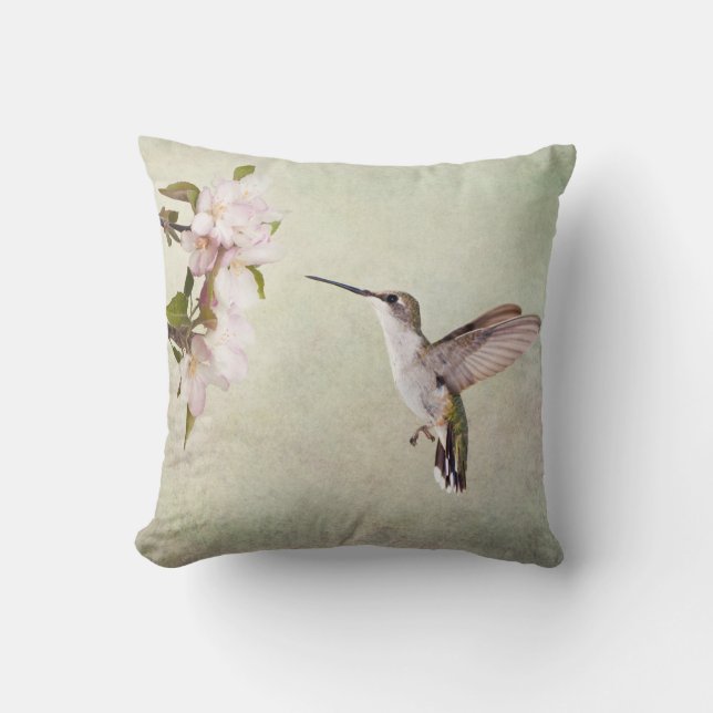 Hummingbirds and Apple Blossoms Throw Pillow (Front)
