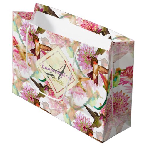 Hummingbirds and Astrantia Monogram Watercolor Large Gift Bag