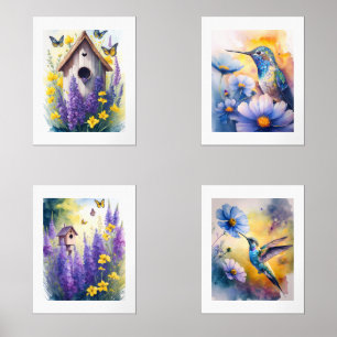 Hummingbirds and Birdhouses in Lavender and Blue Wall Art Sets
