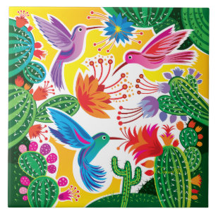 Hummingbirds and Blooming Cacti Ceramic Tile