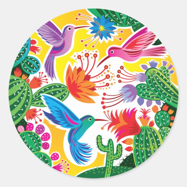 Hummingbirds and Blooming Cacti Classic Round Sticker (Front)
