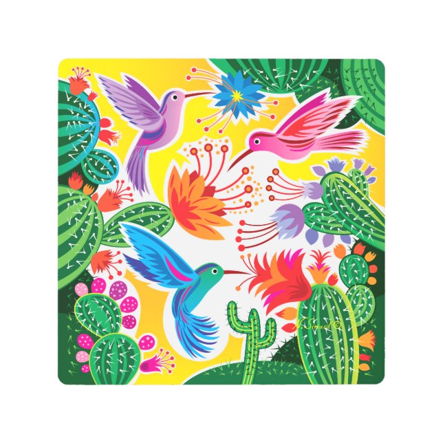 Hummingbirds and Blooming Cacti Metal Print (Front)