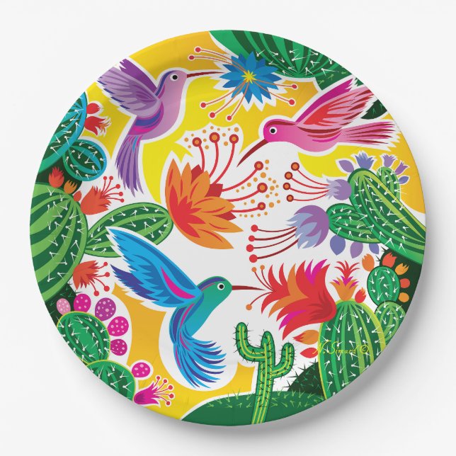 Hummingbirds and Blooming Cacti Paper Plates (Front)