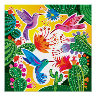 Hummingbirds and Blooming Cacti Poster