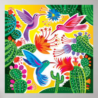 Hummingbirds and Blooming Cacti Poster