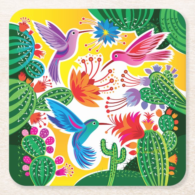 Hummingbirds and Blooming Cacti Square Paper Coaster (Front)