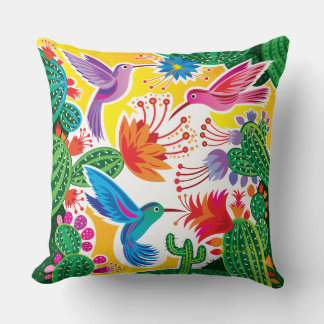 Hummingbirds and Blooming Cacti Throw Pillow