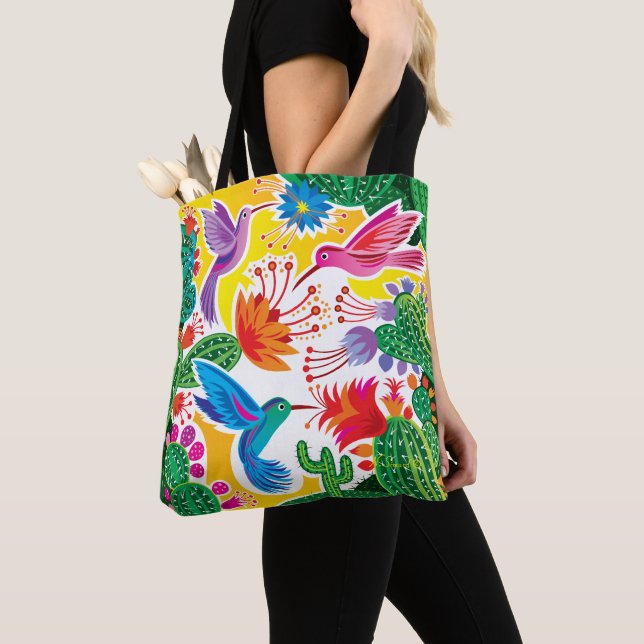 Hummingbirds and Blooming Cacti Tote Bag (Close Up)