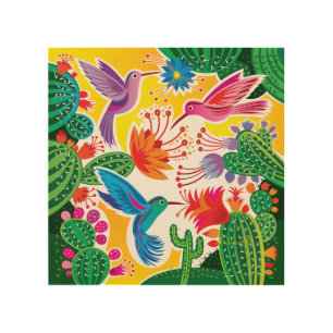 Hummingbirds and Blooming Cacti Wood Wall Art