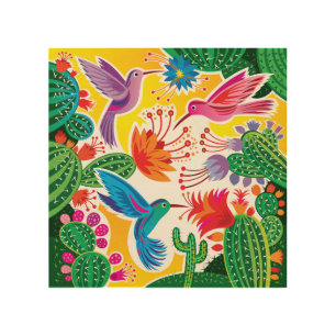Hummingbirds and Blooming Cacti Wood Wall Art