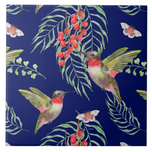 Hummingbirds and Butterflies Blue Tropical Pattern Ceramic Tile