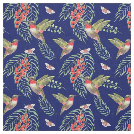 Hummingbirds and Butterflies Blue Tropical Pattern Fabric